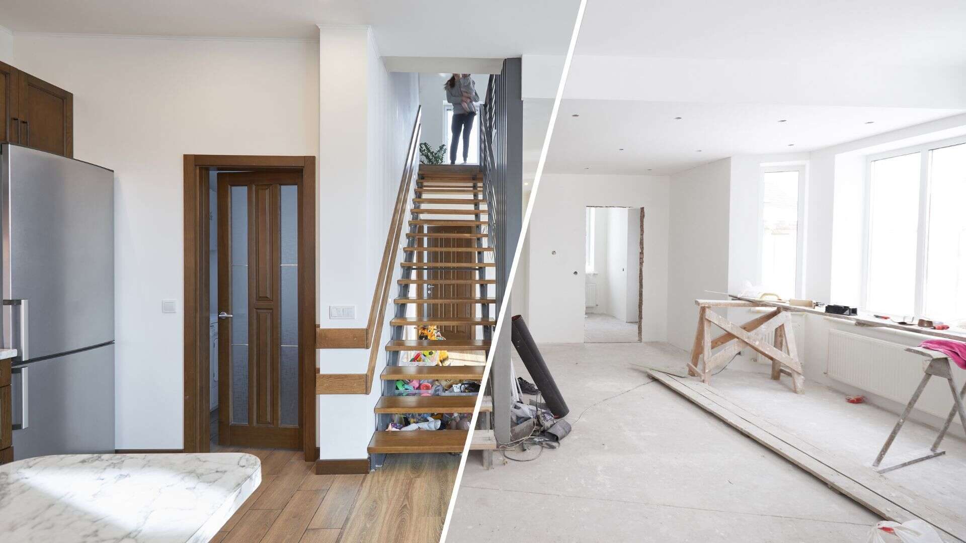 Modernes Interieur nach Bausanierung mit Holztreppe und Renovierungsarbeiten in Deutschland, hochwertige Handwerkskunst, Innenrenovierung, Sanierung von Altbauten, professioneller Innenausbau, Fachbetrieb für Bau- und Renovierungsarbeiten.